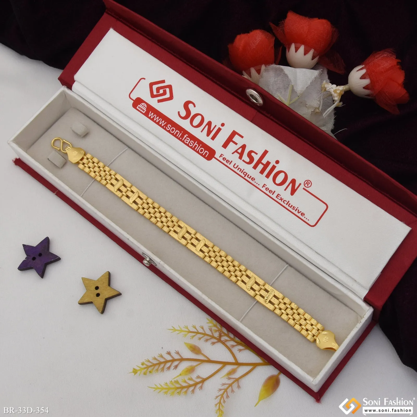 1 Gram Gold Plated Artisanal Design Box Bracelet for Men - Style D354