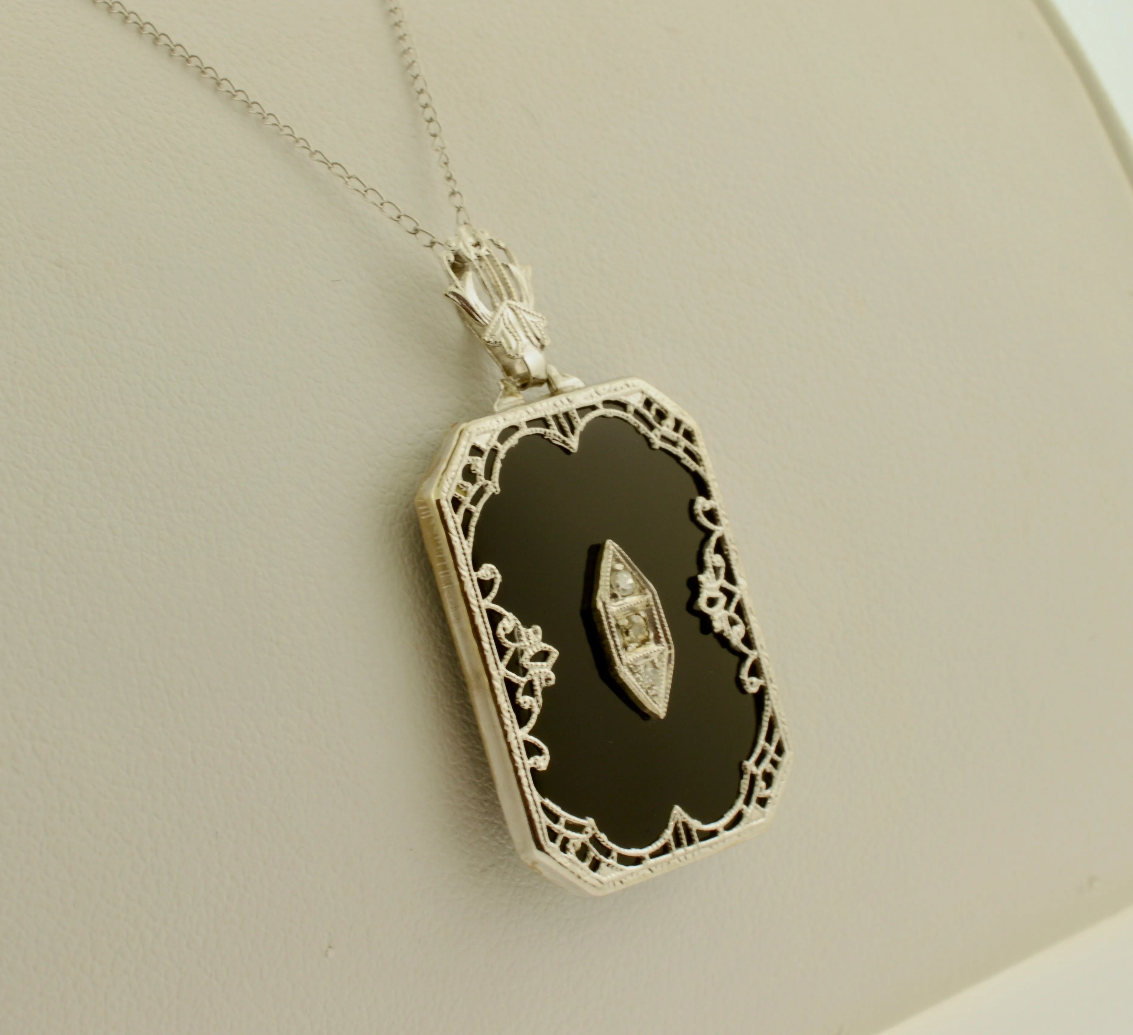 14K White Gold Antique Diamond and Black Onyx Necklace