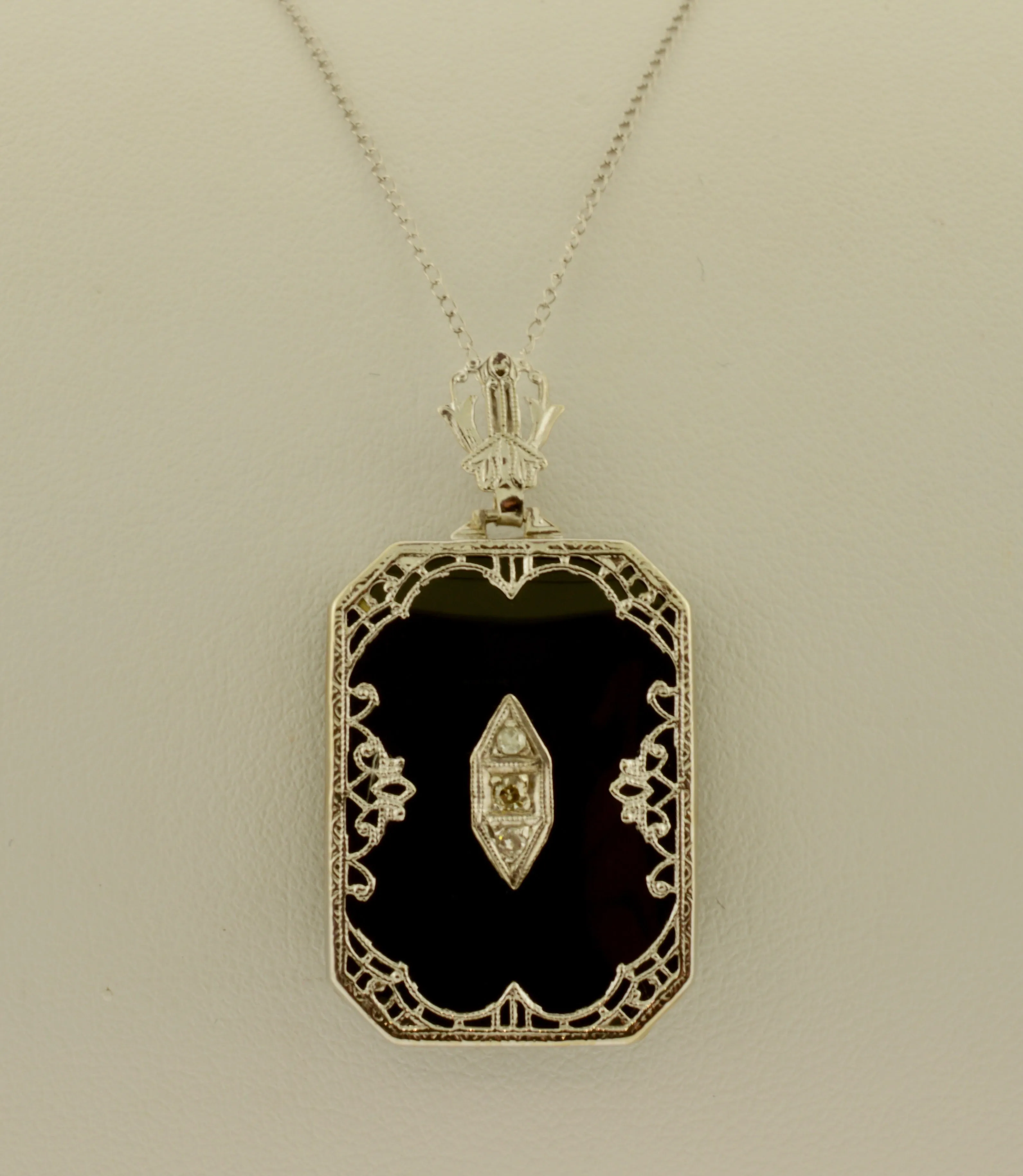 14K White Gold Antique Diamond and Black Onyx Necklace