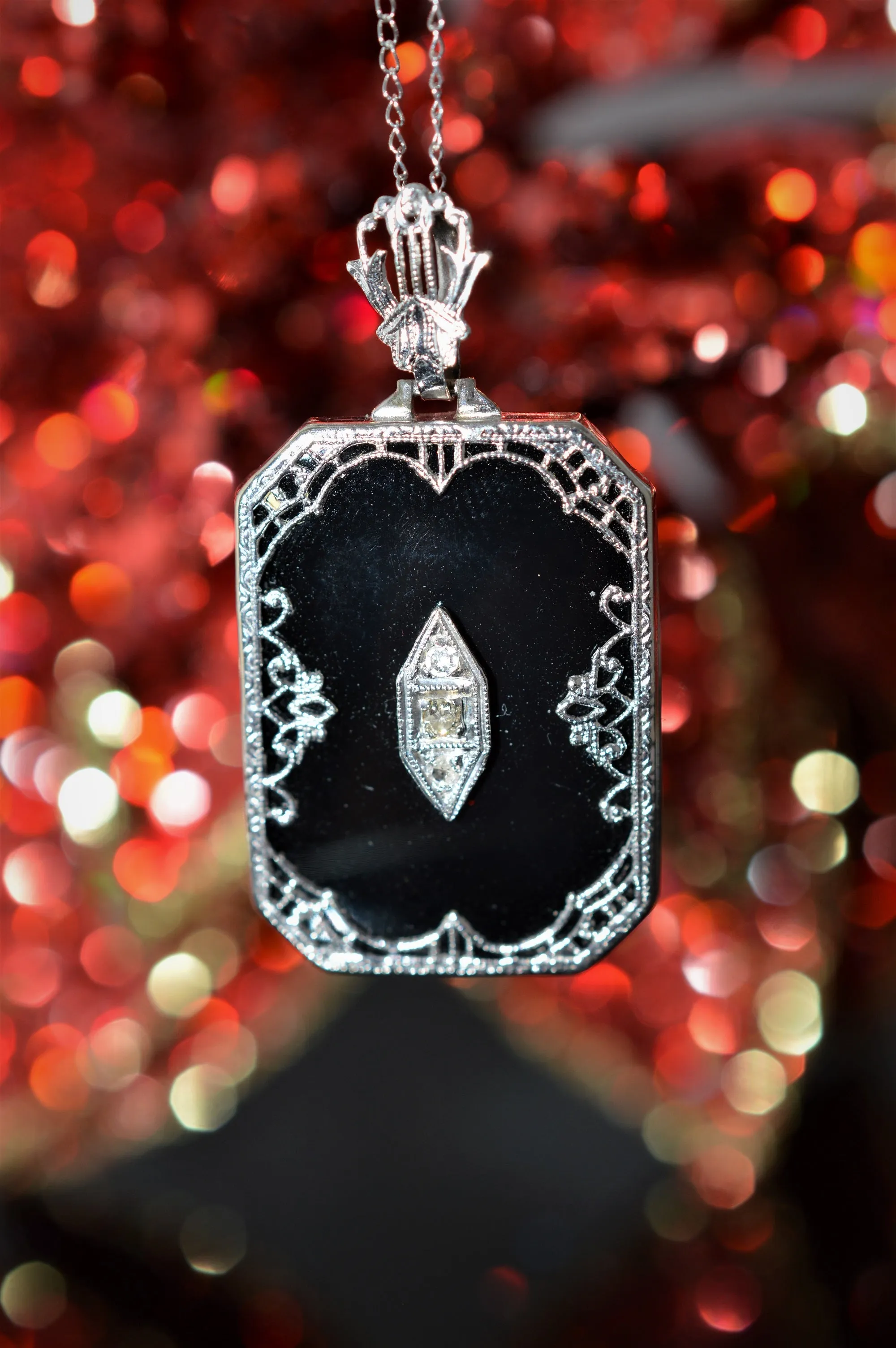 14K White Gold Antique Diamond and Black Onyx Necklace