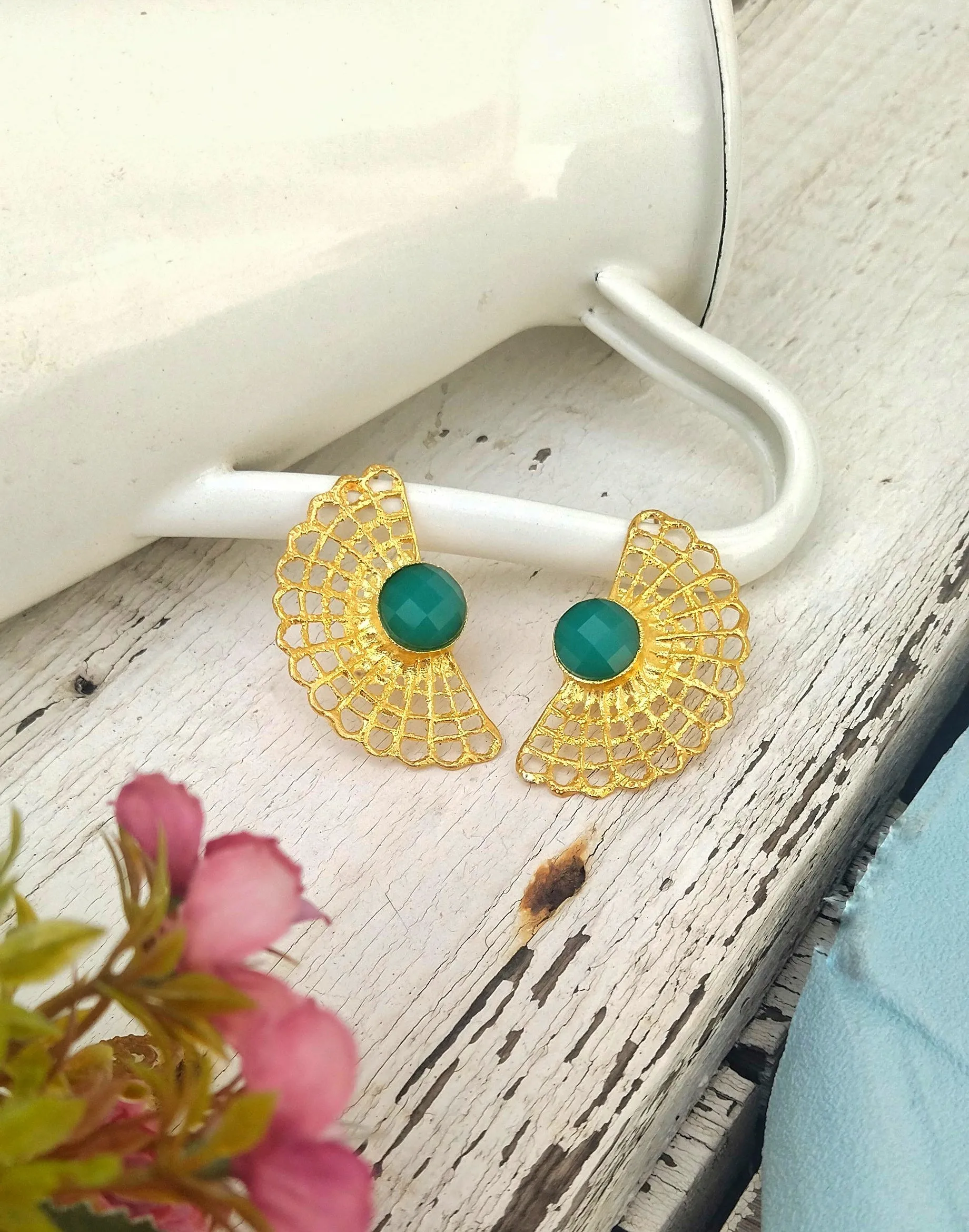 22k Gold Long Lace Stud Earrings With Quartz Gemstone, Fan Earrings Inpired In Vintage Doily Crochets