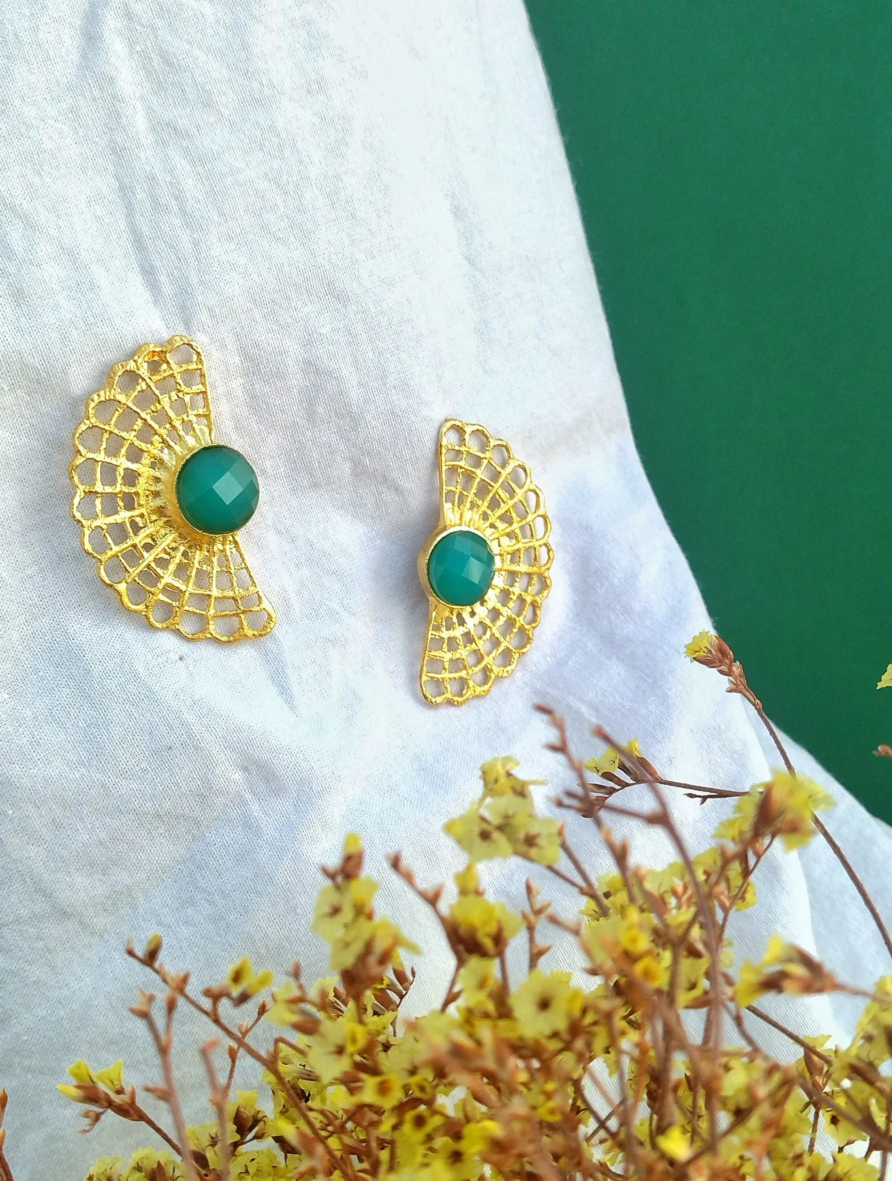 22k Gold Long Lace Stud Earrings With Quartz Gemstone, Fan Earrings Inpired In Vintage Doily Crochets