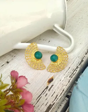 22k Gold Long Lace Stud Earrings With Quartz Gemstone, Fan Earrings Inpired In Vintage Doily Crochets