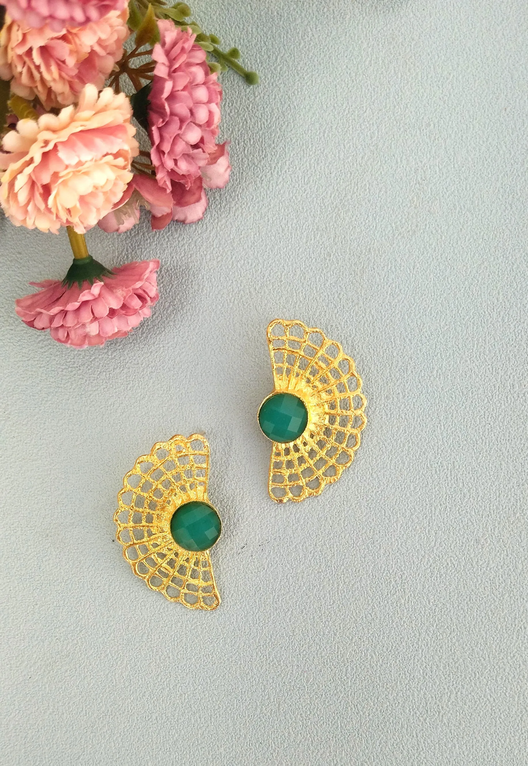 22k Gold Long Lace Stud Earrings With Quartz Gemstone, Fan Earrings Inpired In Vintage Doily Crochets