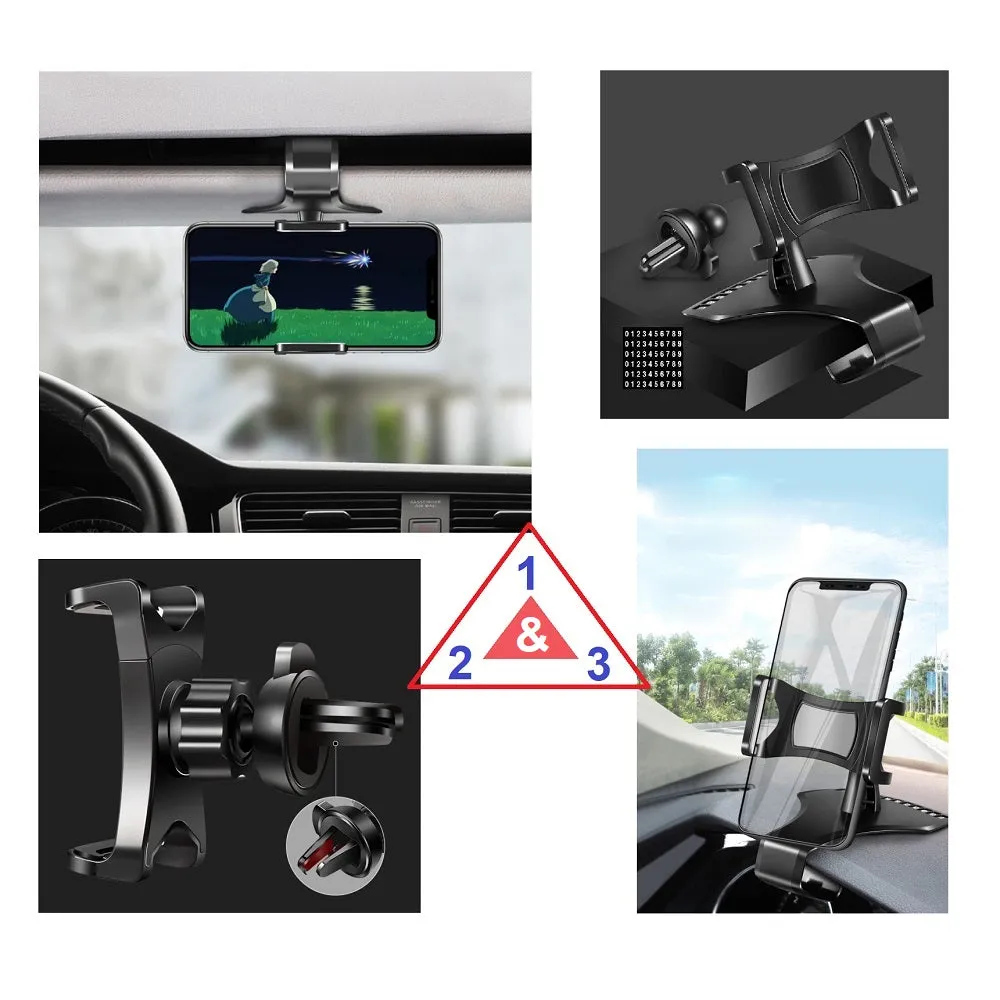 3 in 1 Car GPS Smartphone Holder: Dashboard / Visor Clamp   AC Grid Clip for Zopo ZP200, Shining - Black