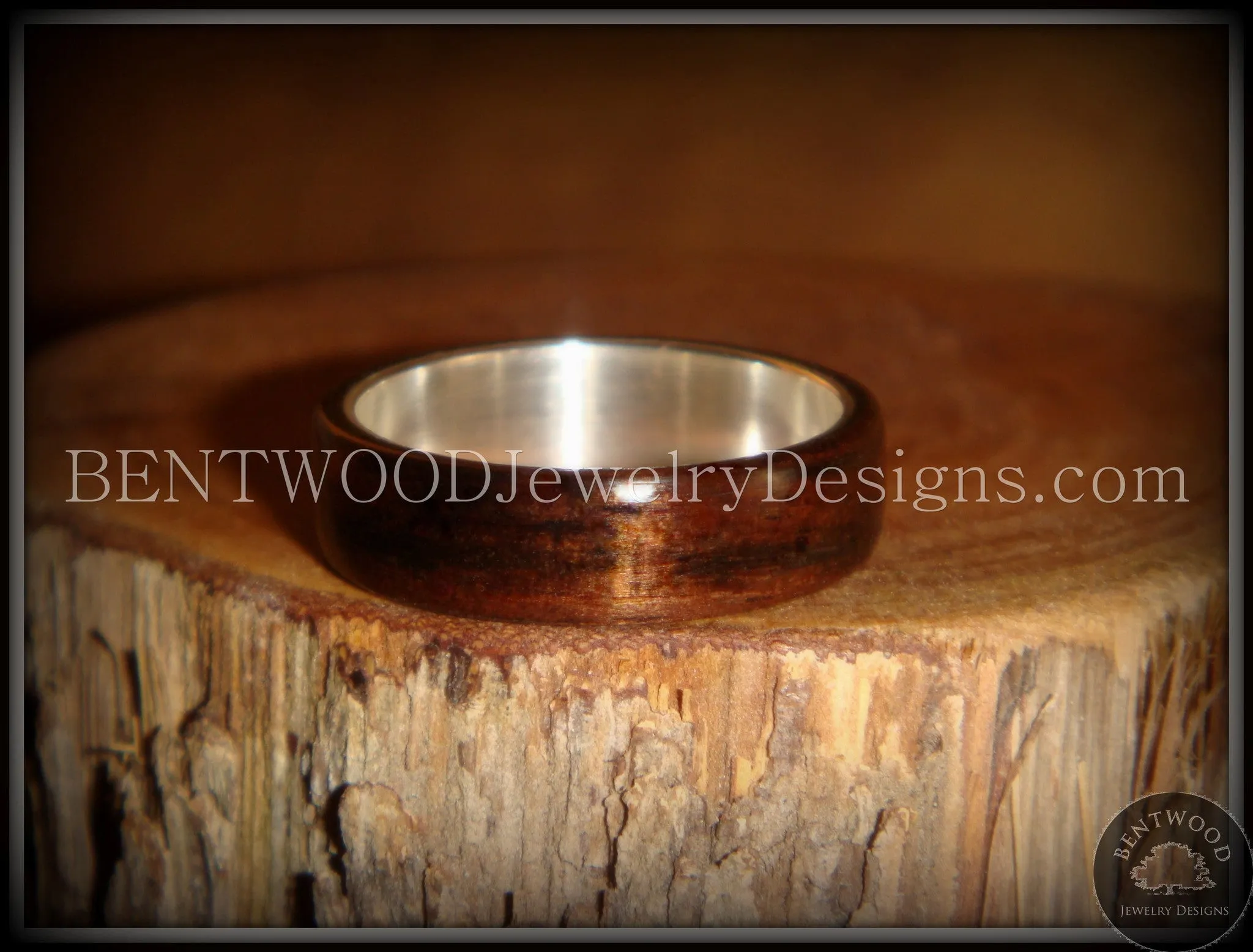 Bentwood Ring - Macassar Ebony Wood Ring with Wide Fine Silver Core