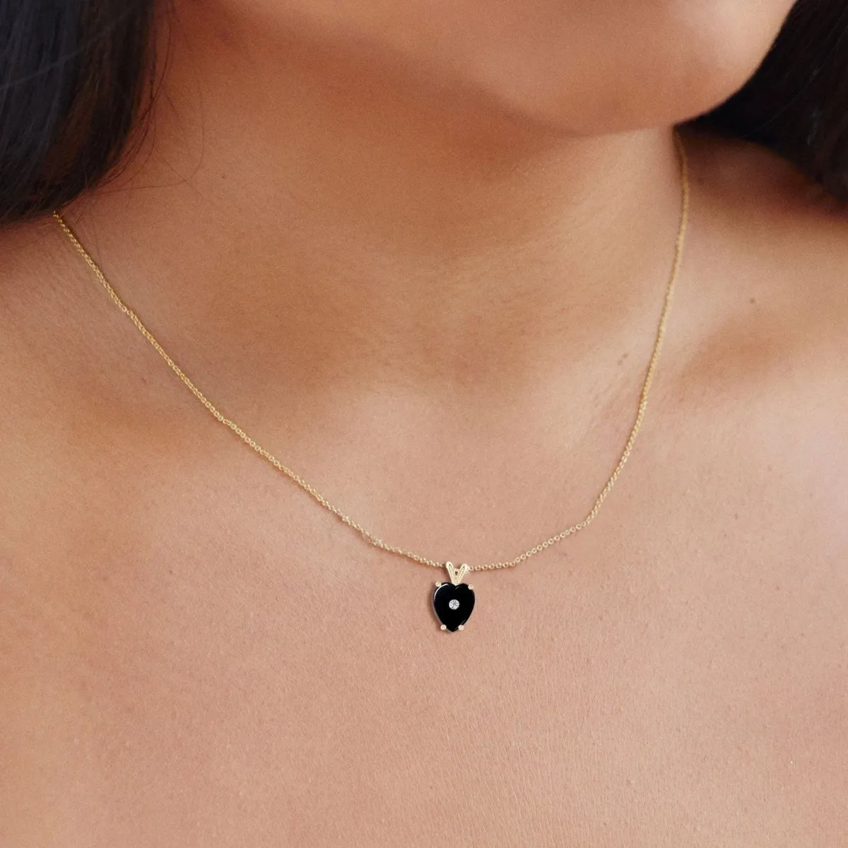 Black Onyx and Diamond Heart Necklace