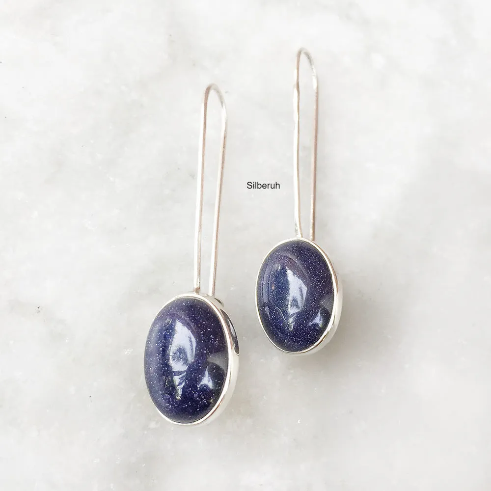 Blue Sunstone Long Hook Silver Earring