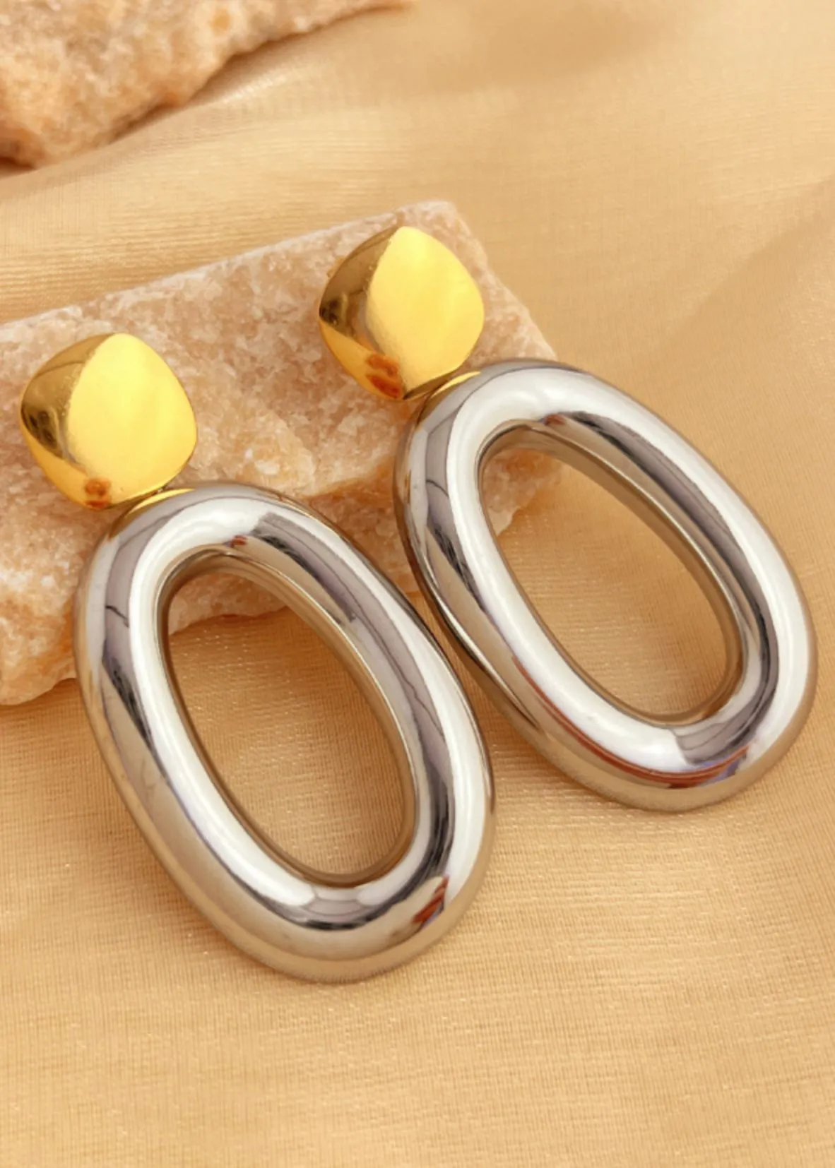 Colorblock Gold Silver Oval Drop Earrings