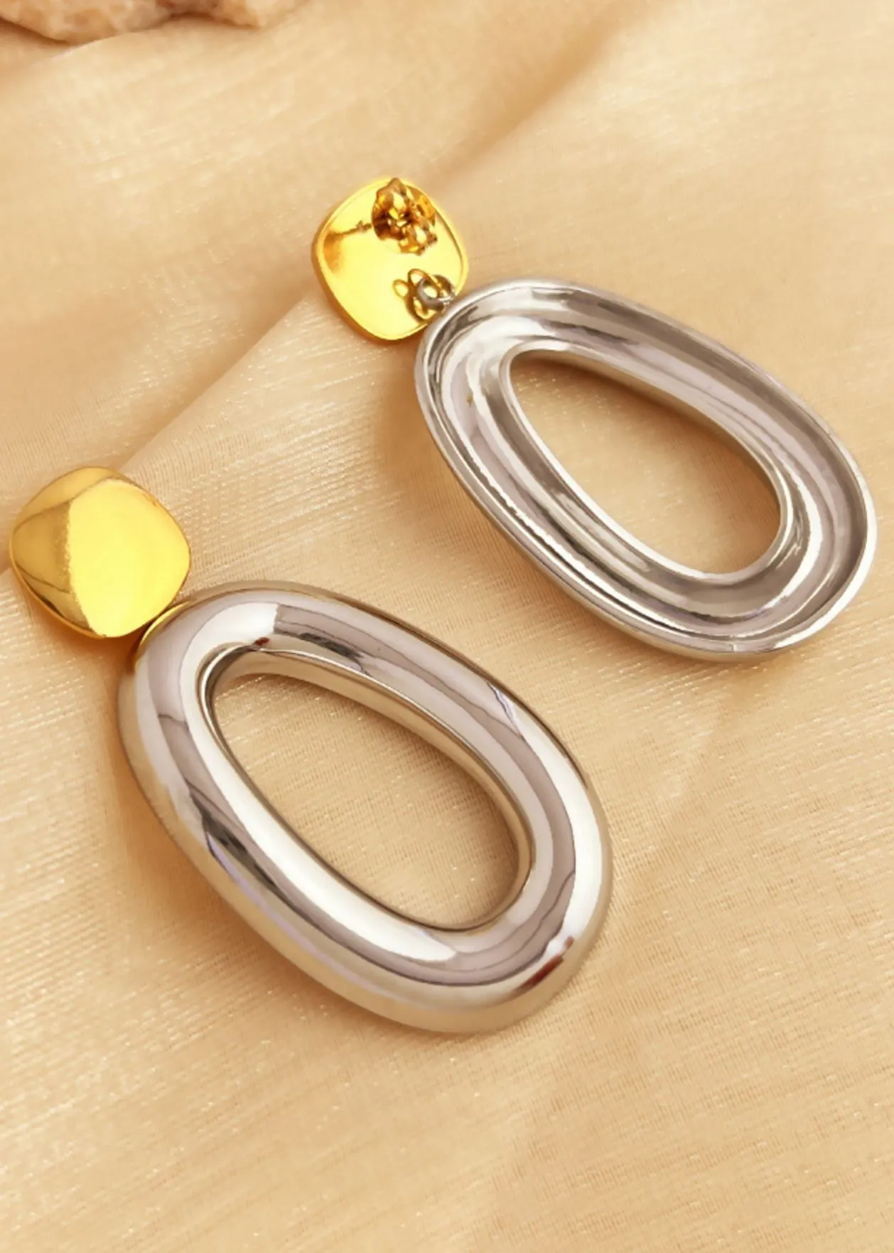Colorblock Gold Silver Oval Drop Earrings