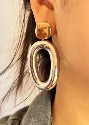 Colorblock Gold Silver Oval Drop Earrings