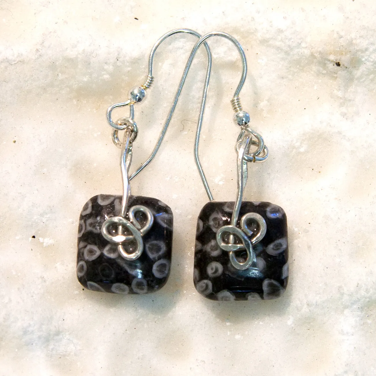 FC29E Fossilised Coral Small Square Earrings with a Sterling Silver Trinity Knot