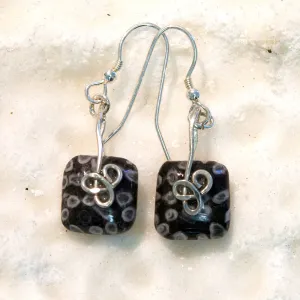 FC29E Fossilised Coral Small Square Earrings with a Sterling Silver Trinity Knot