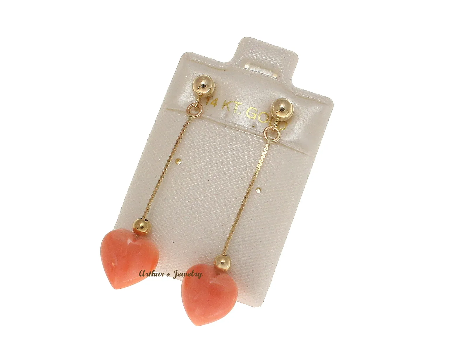 GENUINE PINK CORAL HEART DANGLE EARRINGS SOLID 14K YELLOW GOLD 10MM