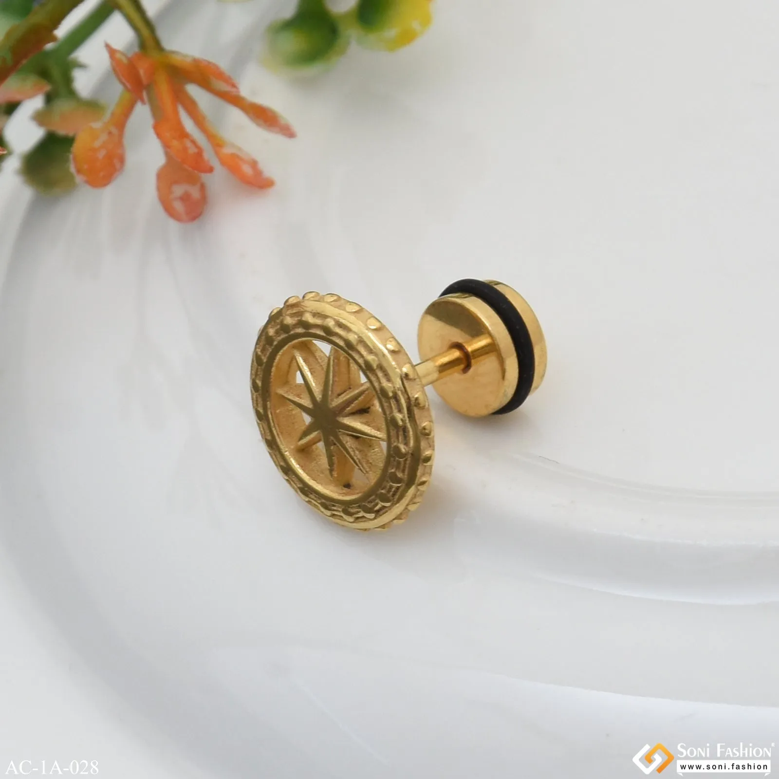 Golden Wheel Design Surgical Steel Stud Earring for Men (1 Pc) - Style A028