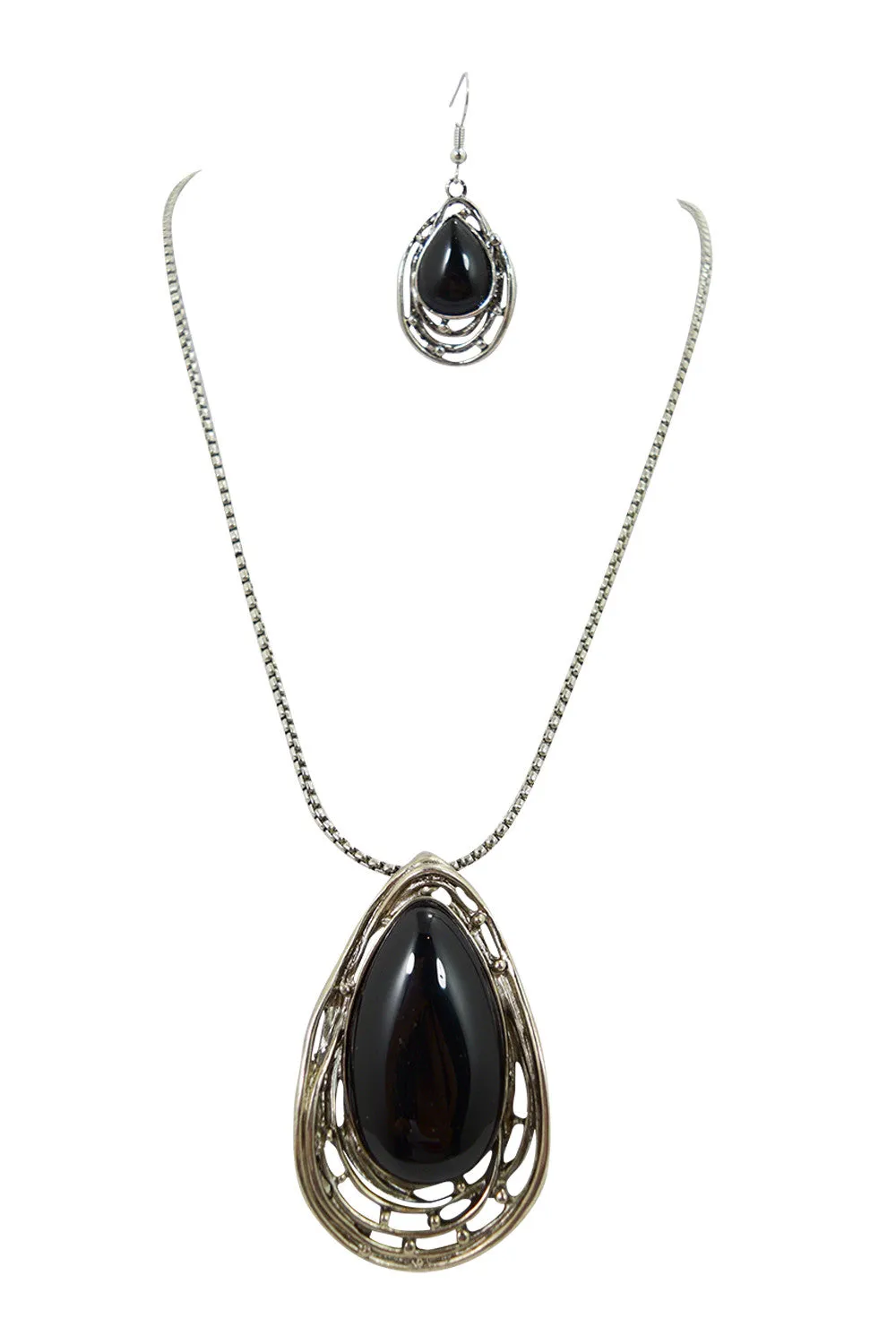 Gypsy Bohemian Chunky Black Onyx Stone Pendant Necklace and Earrings Set