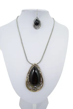 Gypsy Bohemian Chunky Black Onyx Stone Pendant Necklace and Earrings Set