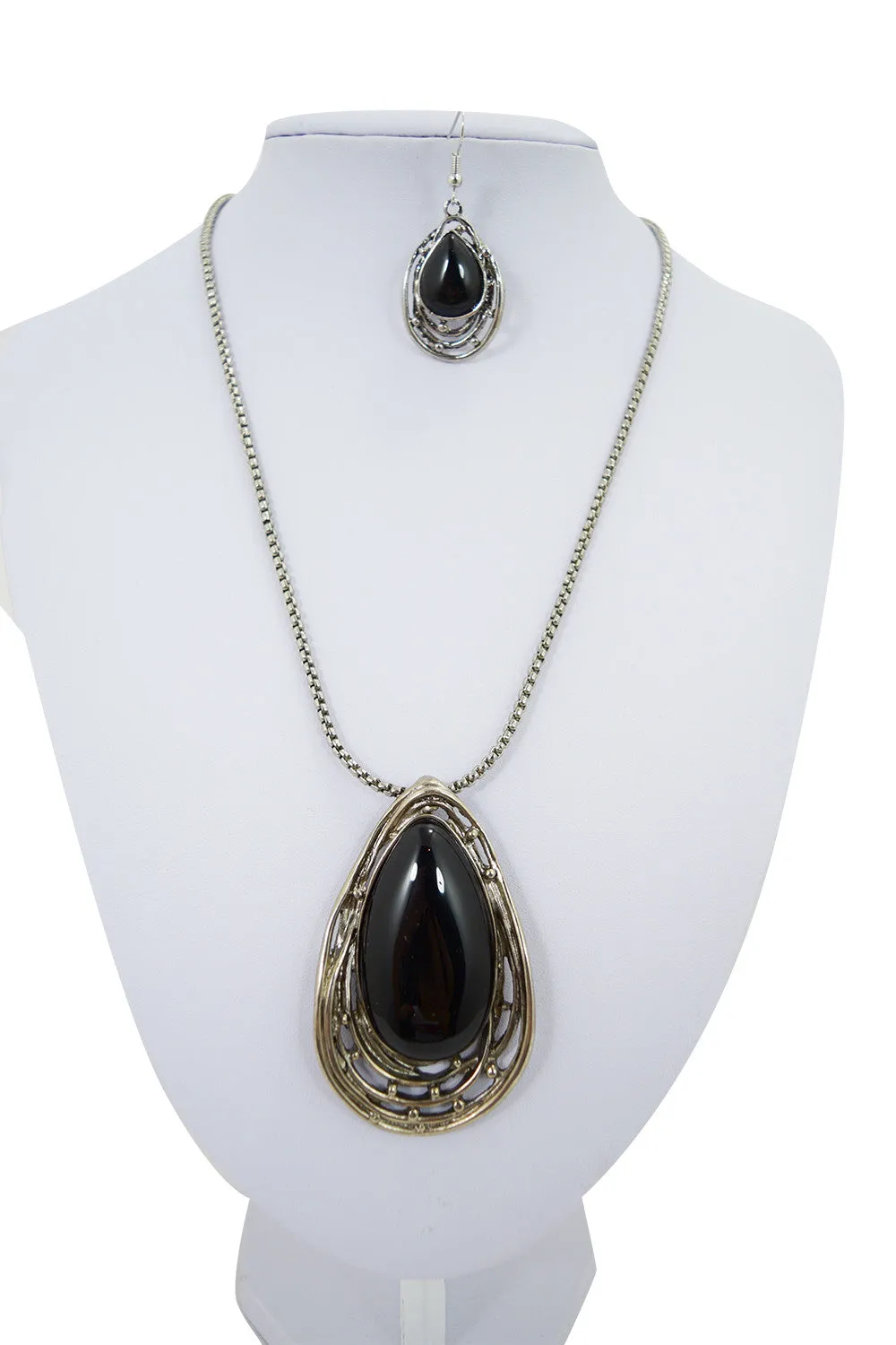 Gypsy Bohemian Chunky Black Onyx Stone Pendant Necklace and Earrings Set