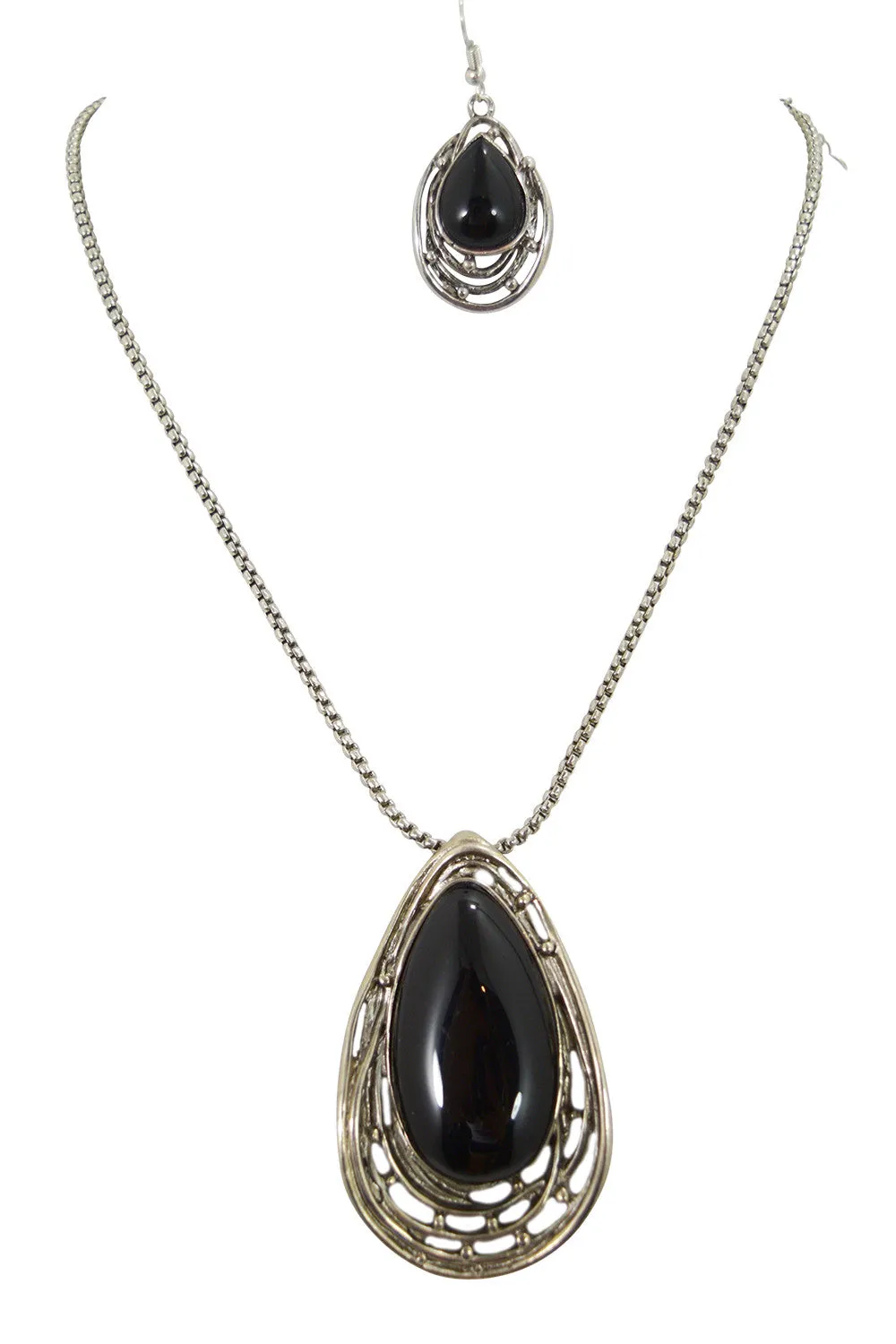 Gypsy Bohemian Chunky Black Onyx Stone Pendant Necklace and Earrings Set