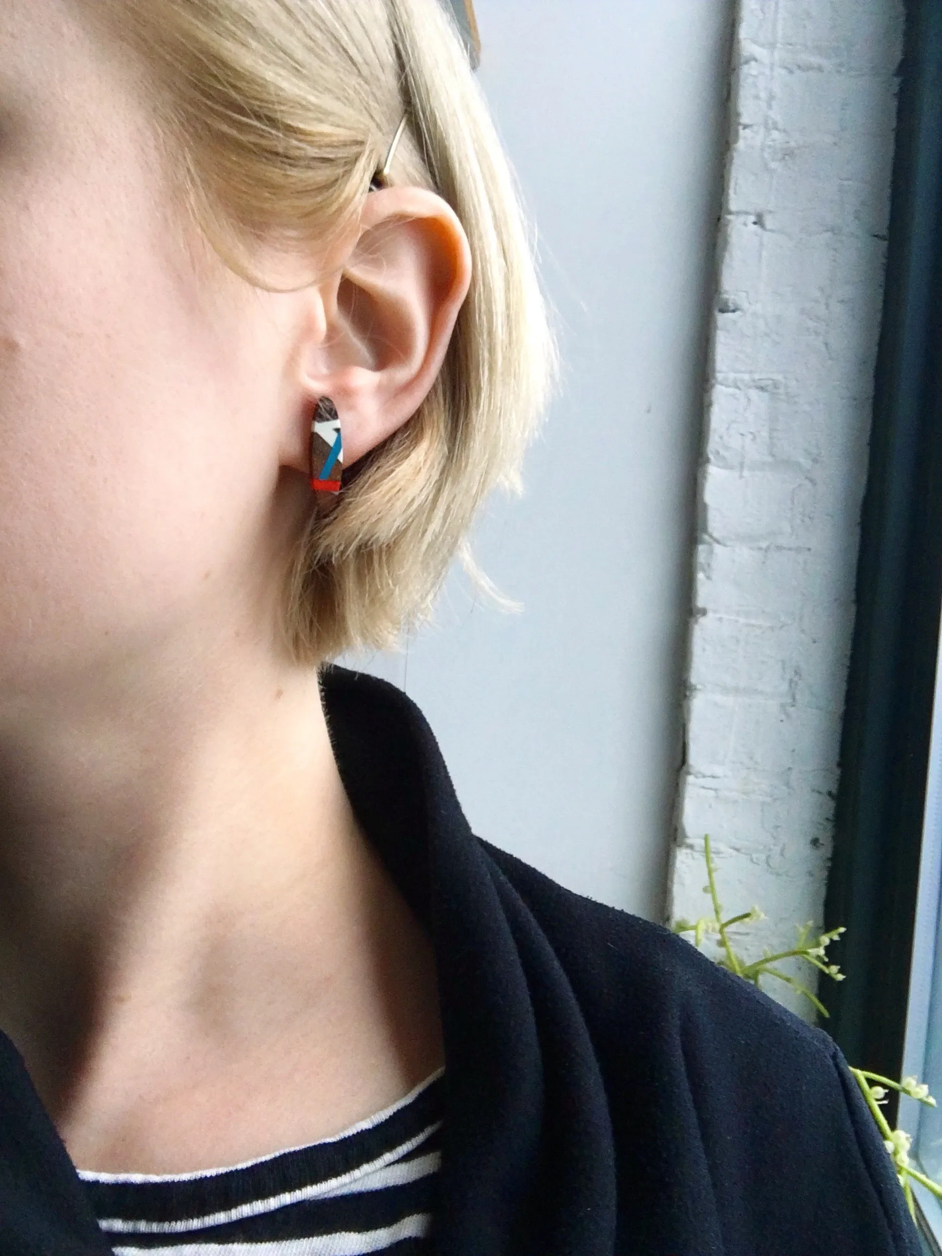 Navy and Coral Wood Stud Earrings