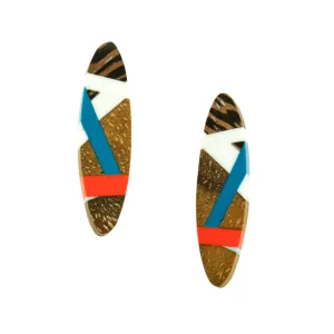 Navy and Coral Wood Stud Earrings