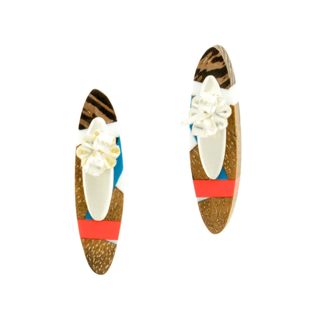 Navy and Coral Wood Stud Earrings