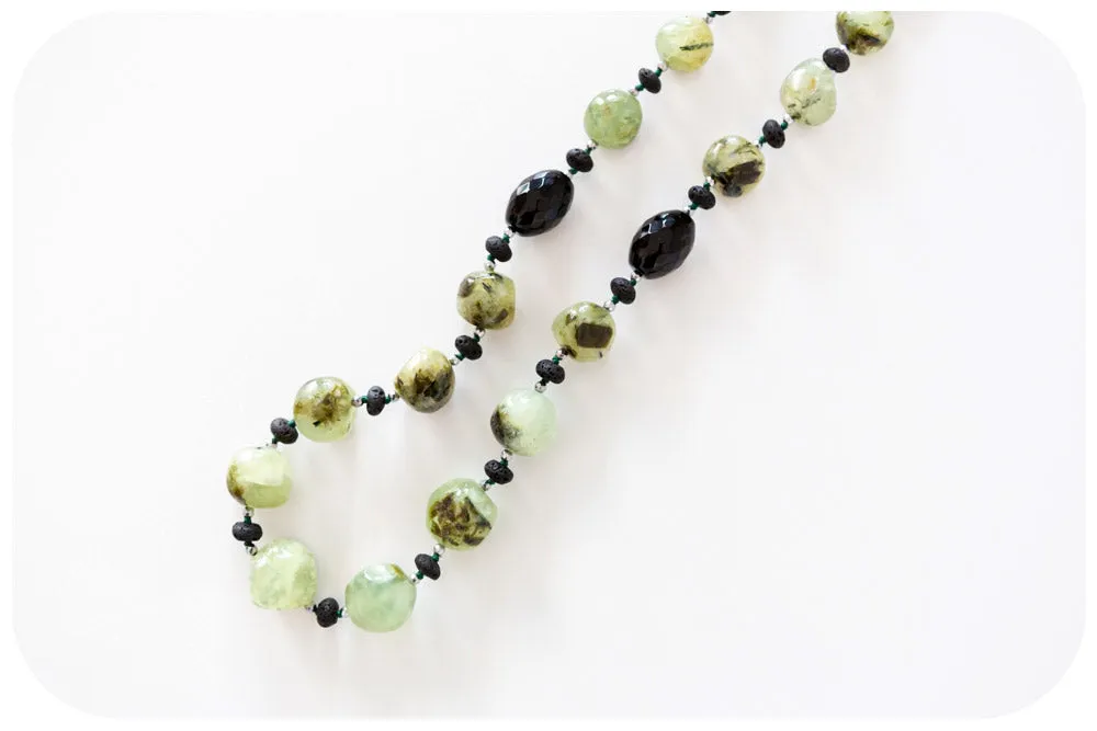 Prehnite, Onyx, Volcanic Rock and Hematite Detail Necklace - 70cm