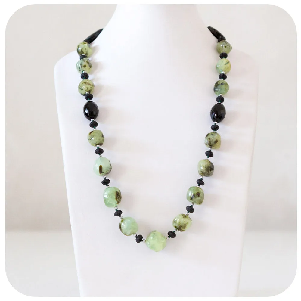 Prehnite, Onyx, Volcanic Rock and Hematite Detail Necklace - 70cm
