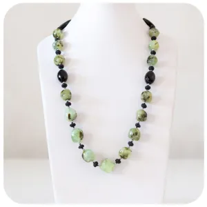 Prehnite, Onyx, Volcanic Rock and Hematite Detail Necklace - 70cm