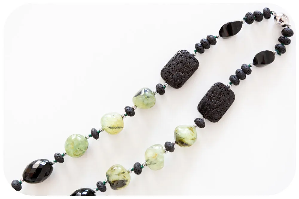 Prehnite, Onyx, Volcanic Rock and Hematite Detail Necklace - 70cm