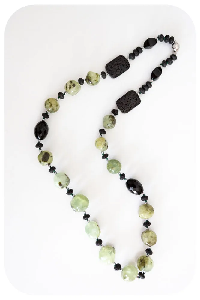 Prehnite, Onyx, Volcanic Rock and Hematite Detail Necklace - 70cm