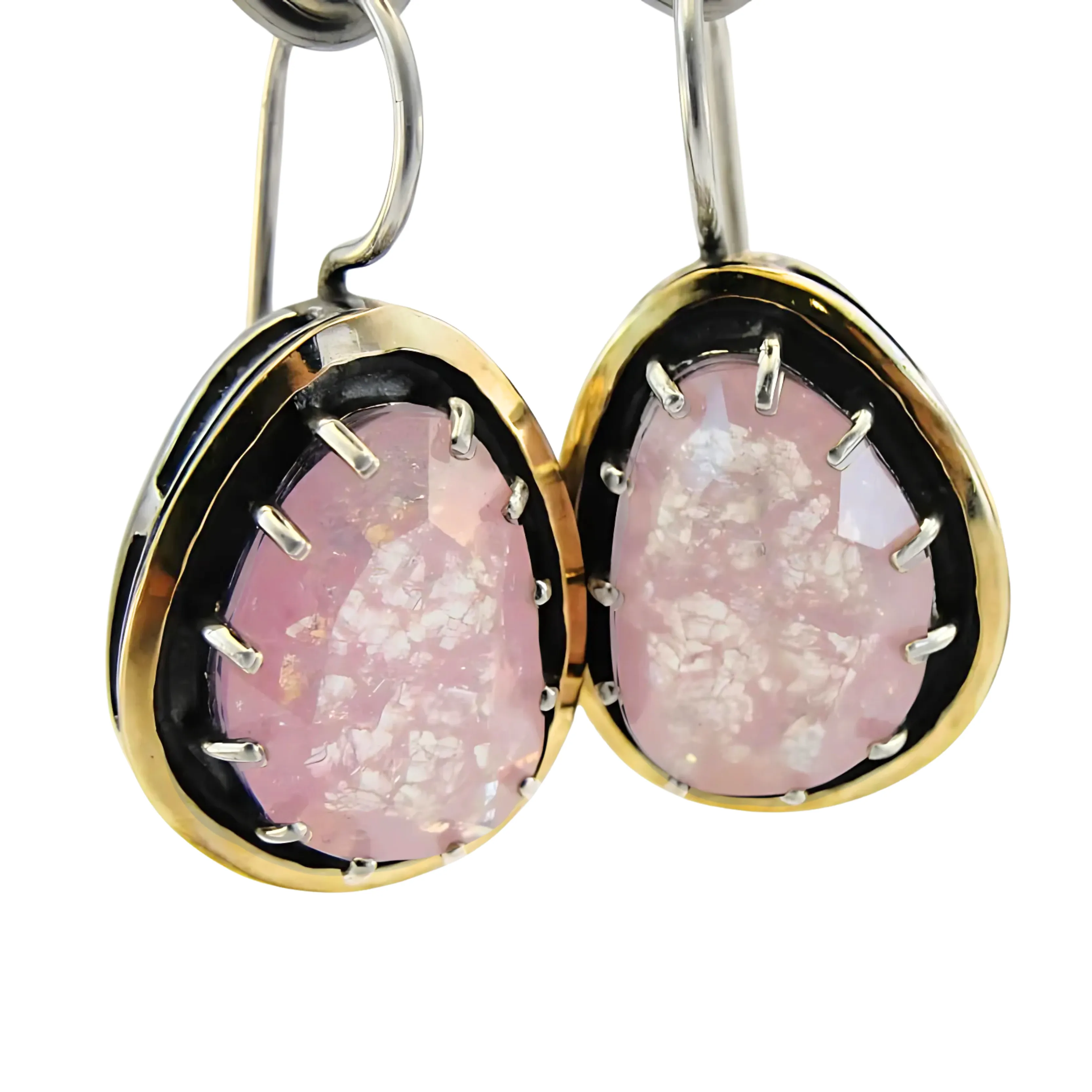 Rose Quartz earrings, Sterling Silver and Yellow Gold earrings, Dangle Earrings, Big Gemstone earrings, Israeli design, Hadar Jewelry