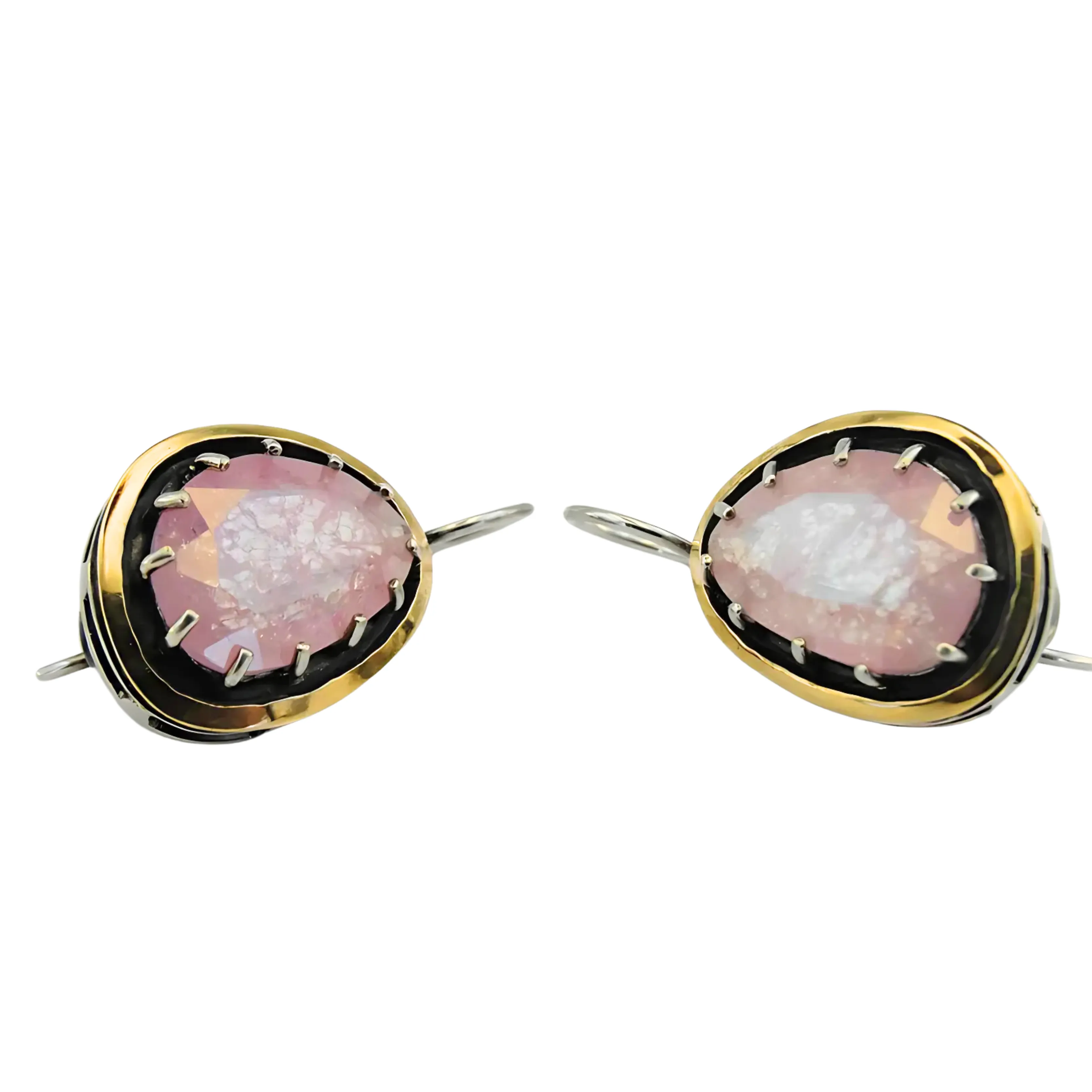 Rose Quartz earrings, Sterling Silver and Yellow Gold earrings, Dangle Earrings, Big Gemstone earrings, Israeli design, Hadar Jewelry
