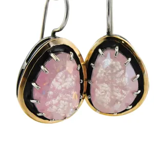 Rose Quartz earrings, Sterling Silver and Yellow Gold earrings, Dangle Earrings, Big Gemstone earrings, Israeli design, Hadar Jewelry