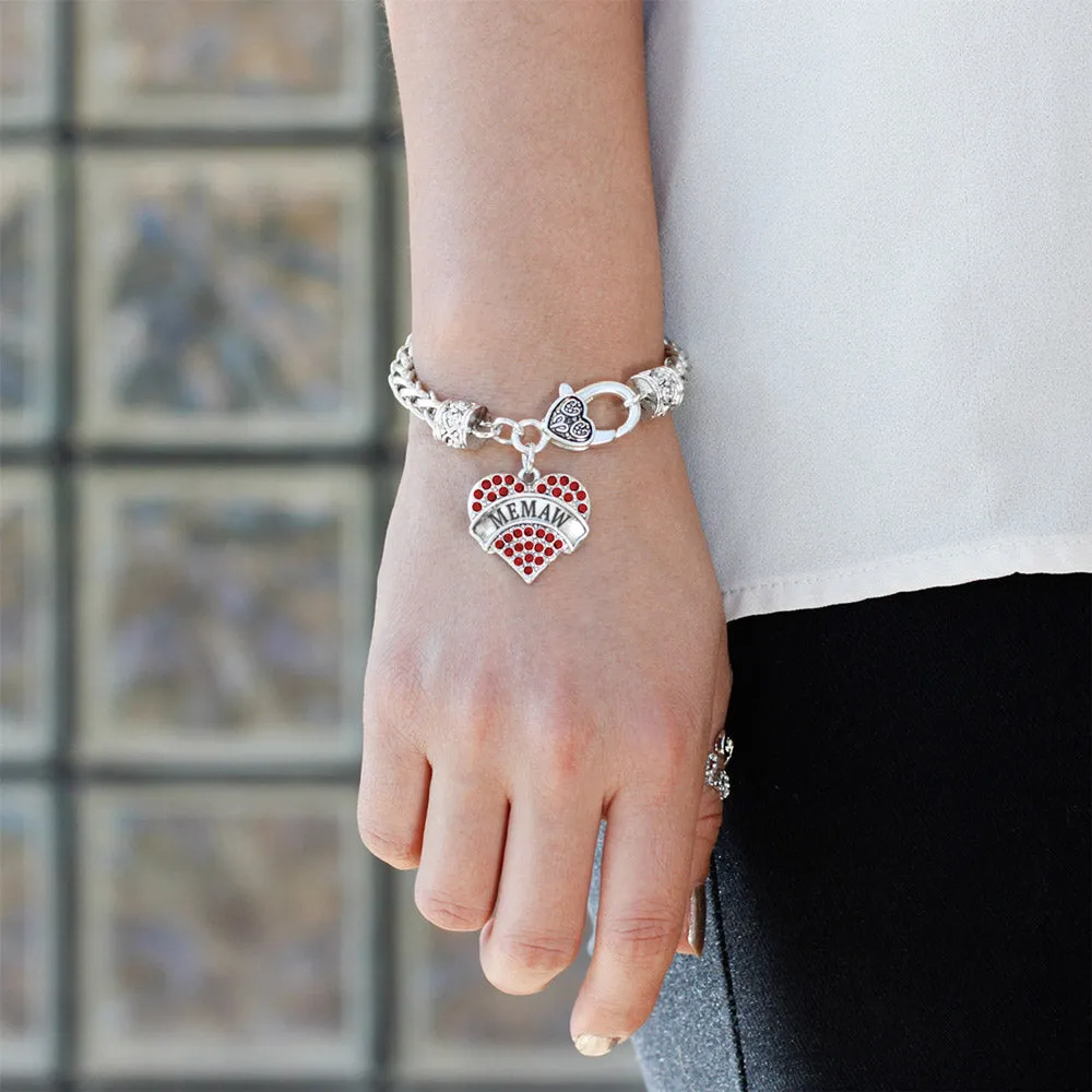 Silver Memaw Red Red Pave Heart Charm Braided Bracelet