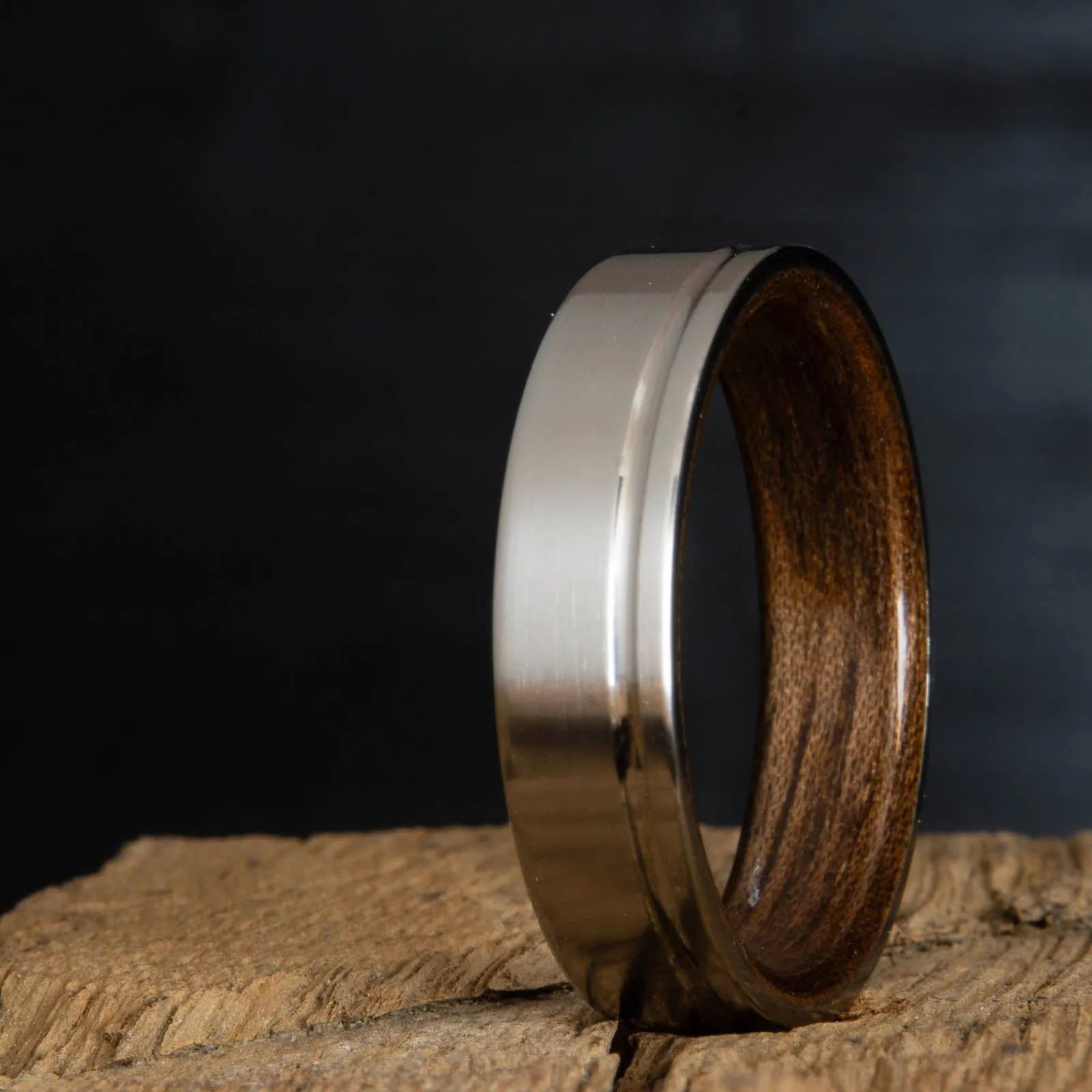 Single groove satin titanium wood ring with Walnut wood