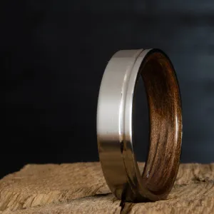 Single groove satin titanium wood ring with Walnut wood
