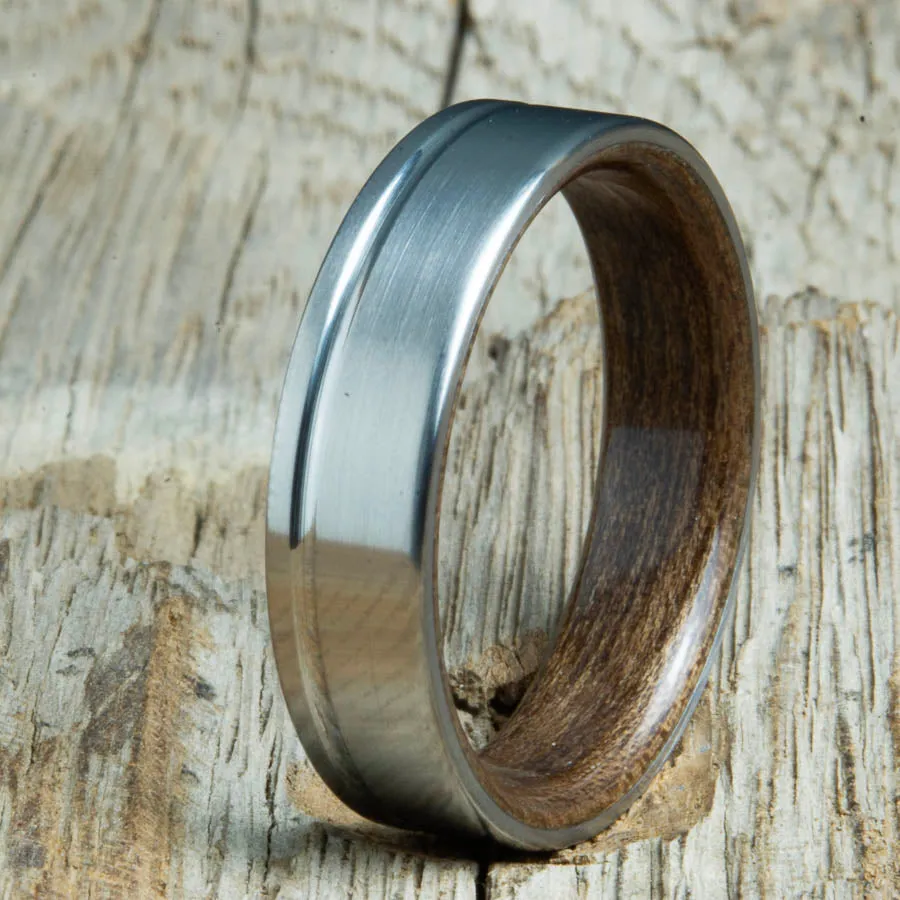 Single groove satin titanium wood ring with Walnut wood