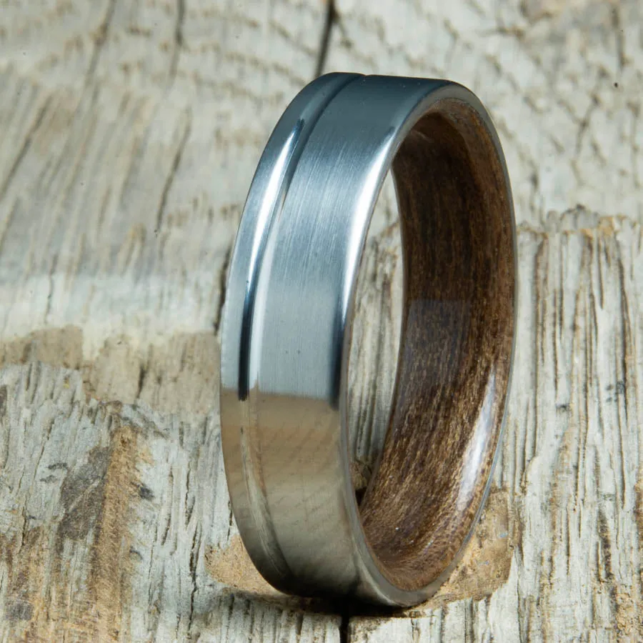 Single groove satin titanium wood ring with Walnut wood