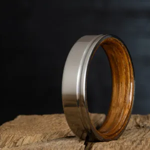 Single groove satin titanium wood ring with Whiskey barrel white Oak