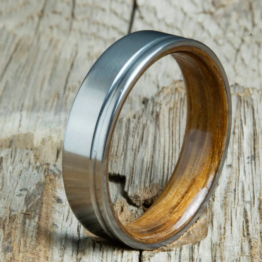 Single groove satin titanium wood ring with Whiskey barrel white Oak
