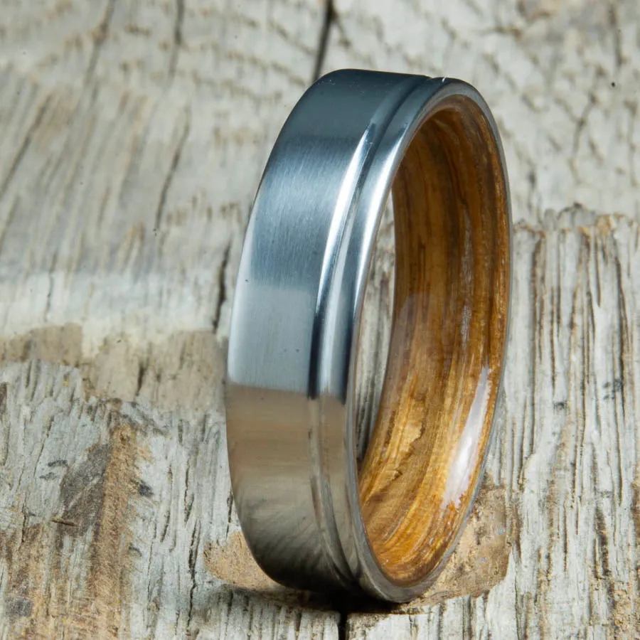 Single groove satin titanium wood ring with Whiskey barrel white Oak