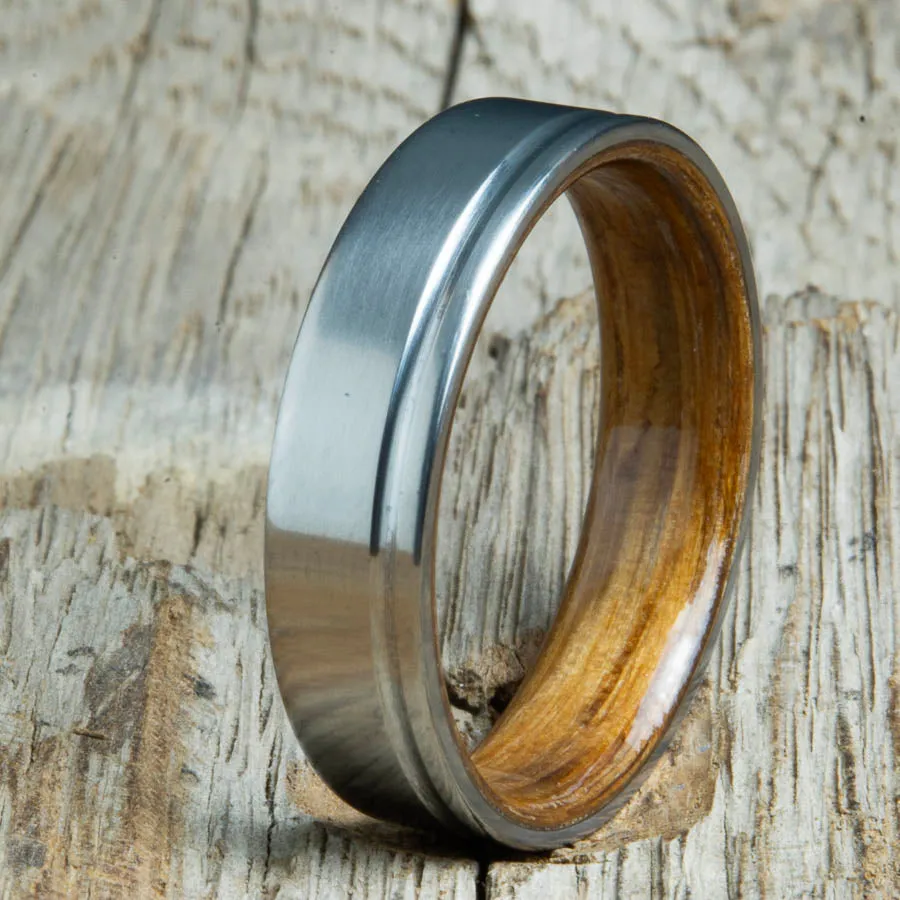Single groove satin titanium wood ring with Whiskey barrel white Oak