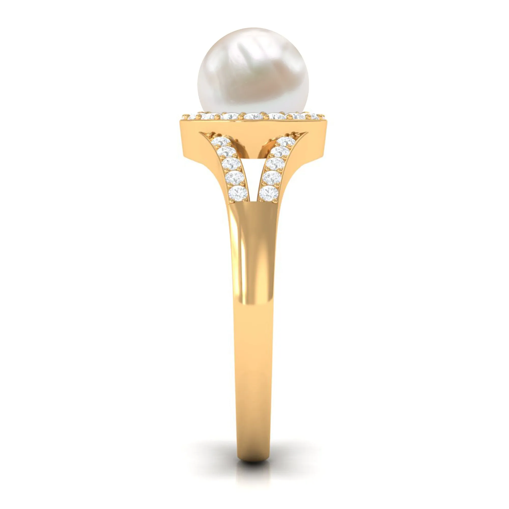 Split Shank Freshwater Pearl Engagement Ring with Diamond Halo