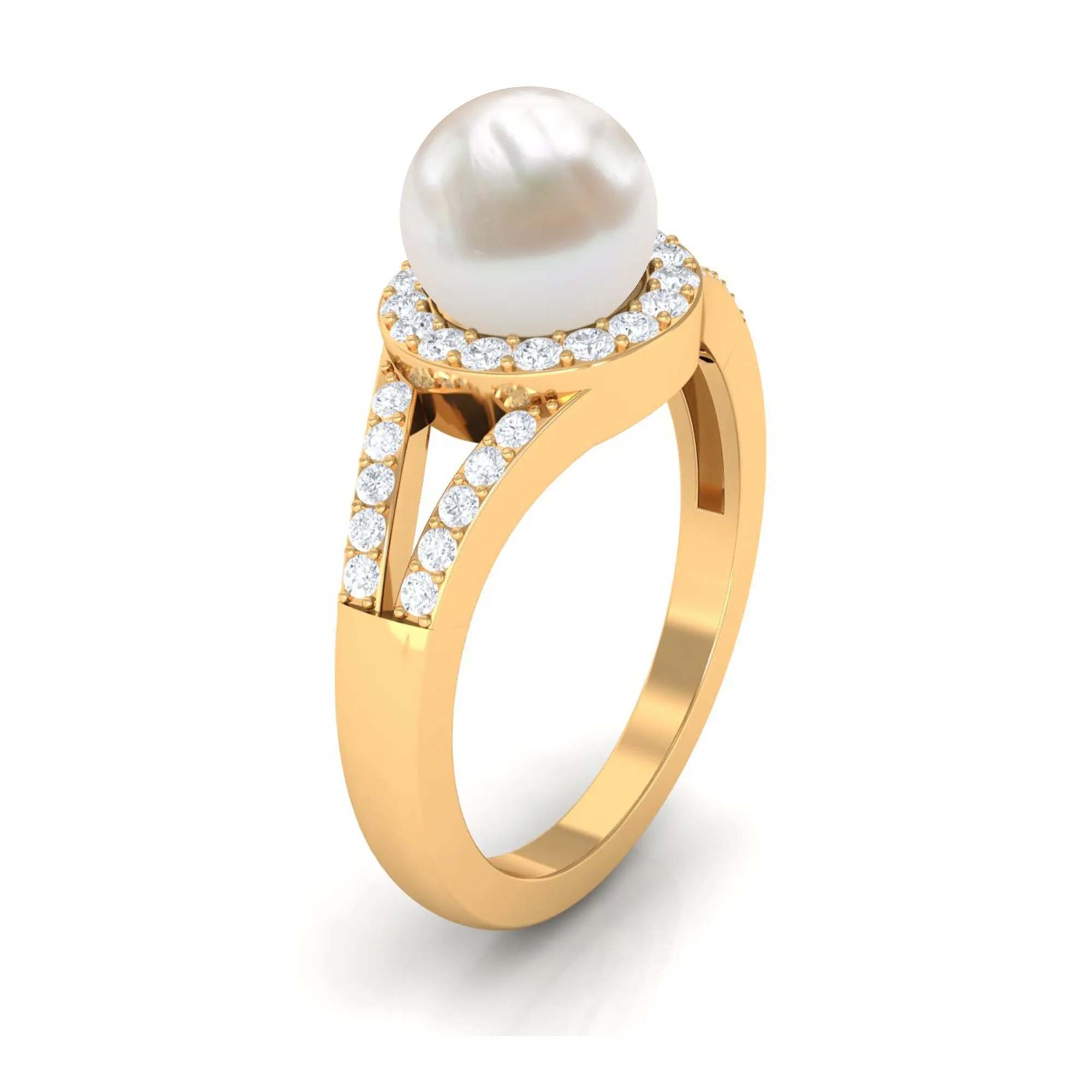 Split Shank Freshwater Pearl Engagement Ring with Diamond Halo