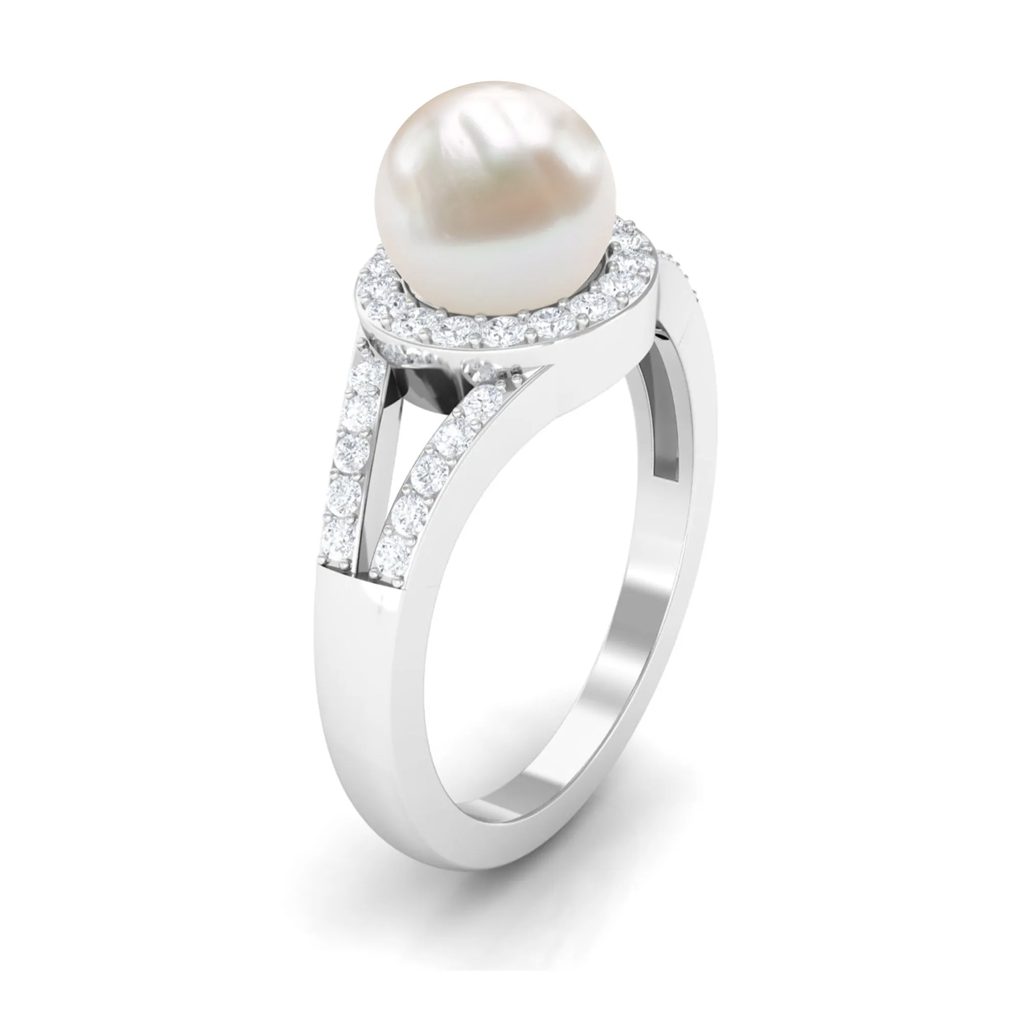 Split Shank Freshwater Pearl Engagement Ring with Diamond Halo