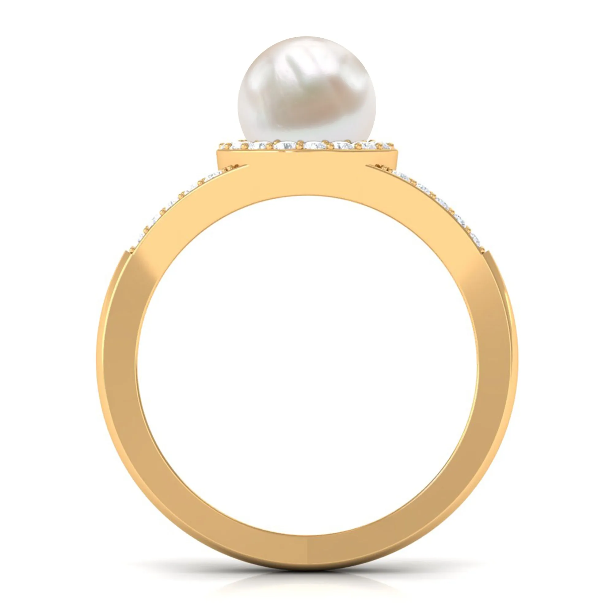 Split Shank Freshwater Pearl Engagement Ring with Diamond Halo