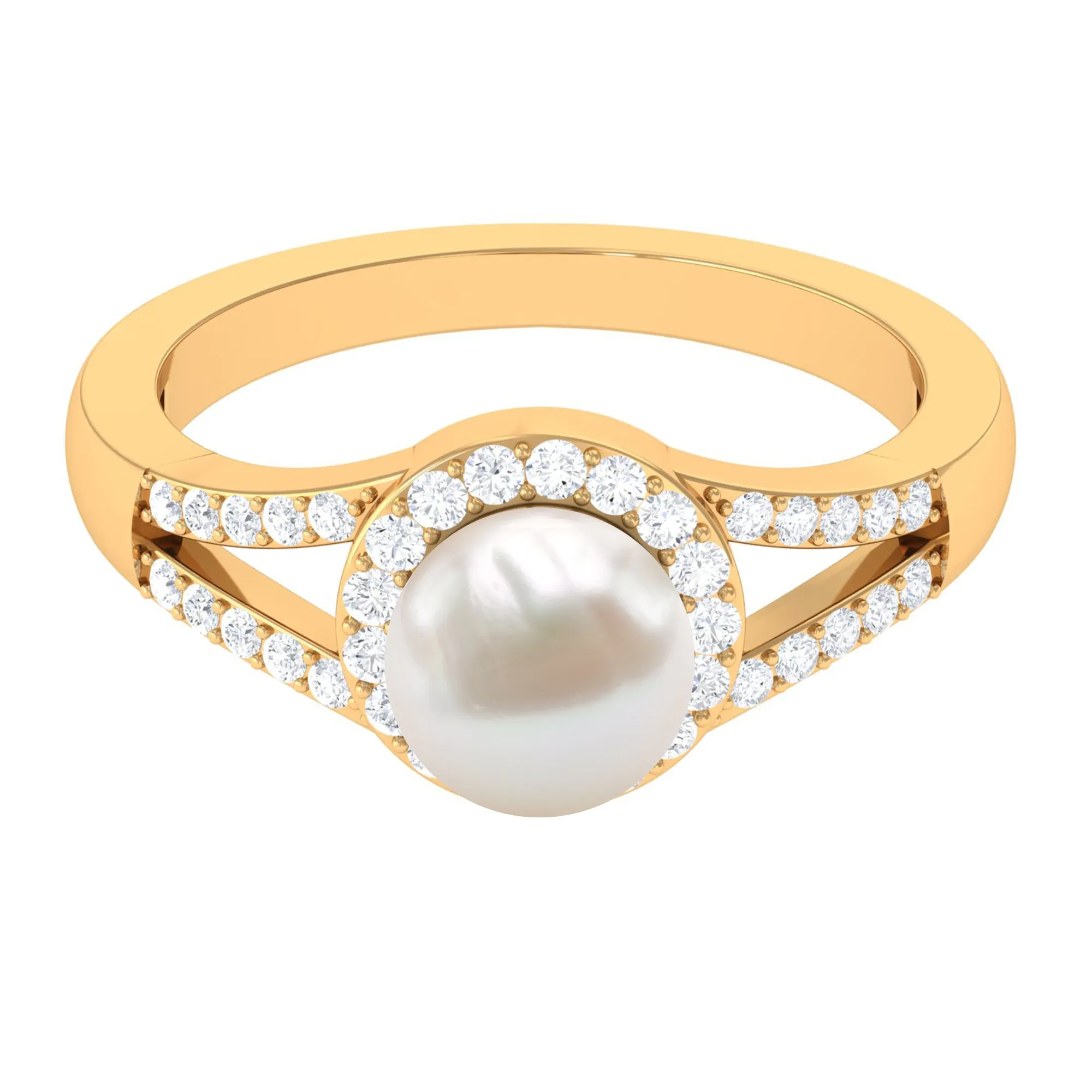 Split Shank Freshwater Pearl Engagement Ring with Diamond Halo
