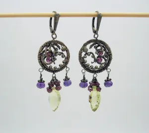 Sterling Silver Gemstone Earrings-Lemon Quartz Amethyst Garnet.