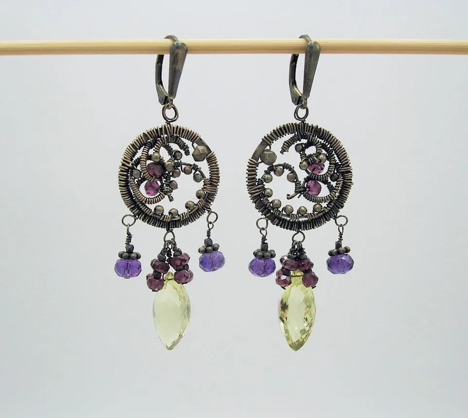 Sterling Silver Gemstone Earrings-Lemon Quartz Amethyst Garnet.